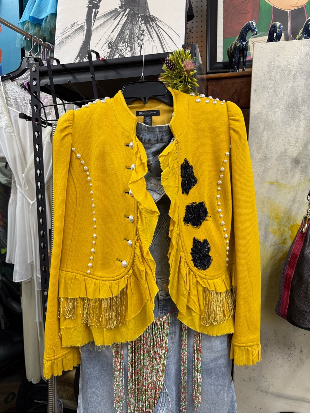 INC International Concepts Custom Mustard Yellow Ruffle Military-Style Blazer